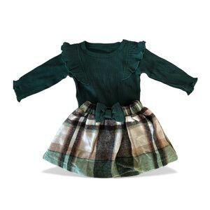 NWOT Green Ruffled Long Sleeve Dress with Plaid Skirt